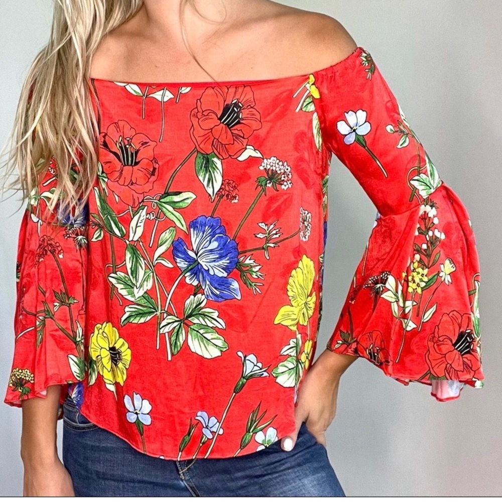 Alice + Olivia Red Floral Off-Shoulder Bell Sleeve Top
